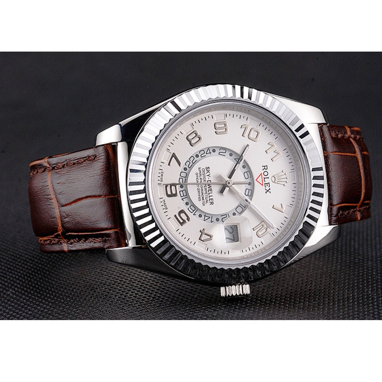 Good copy rolex watches Stainless Case Dweller Sky Rolex White Steel Dial Strap Brown Leather 0715